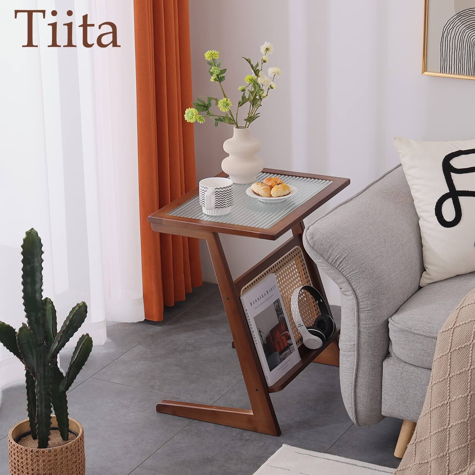 Rattan Nightstand Side Table, Bamboo Accent Bedside Tables, Glass