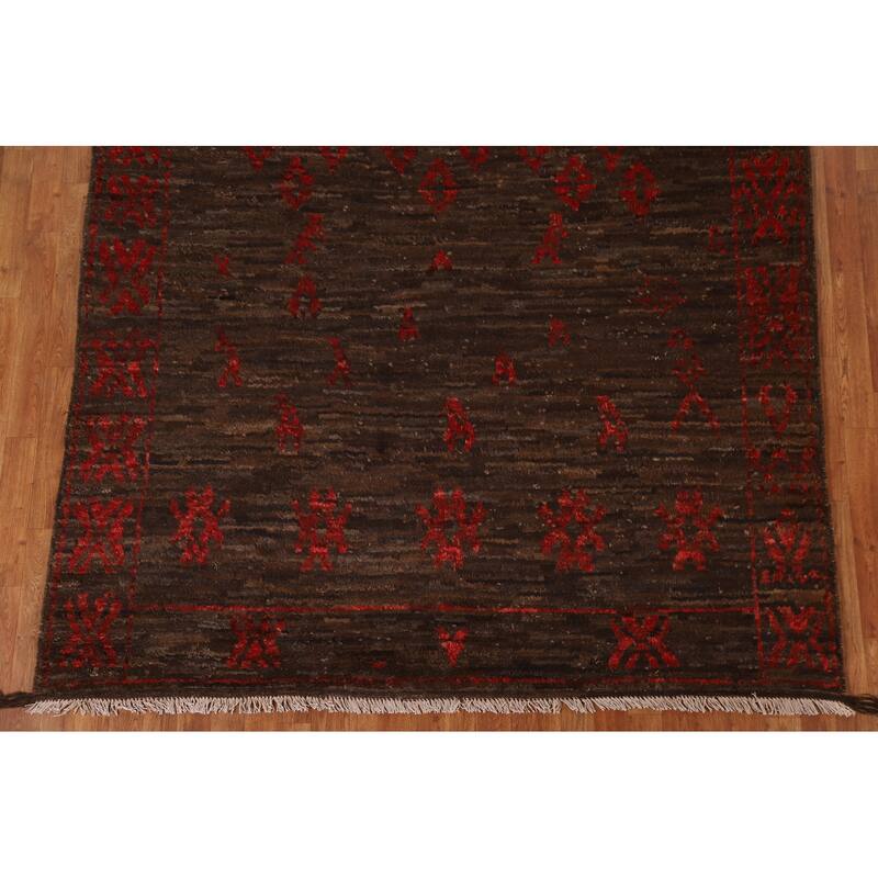 Dark Brown Tribal Moroccan Oriental Area Rug Hand-knotted Wool Carpet - 6'7" x 9'11"