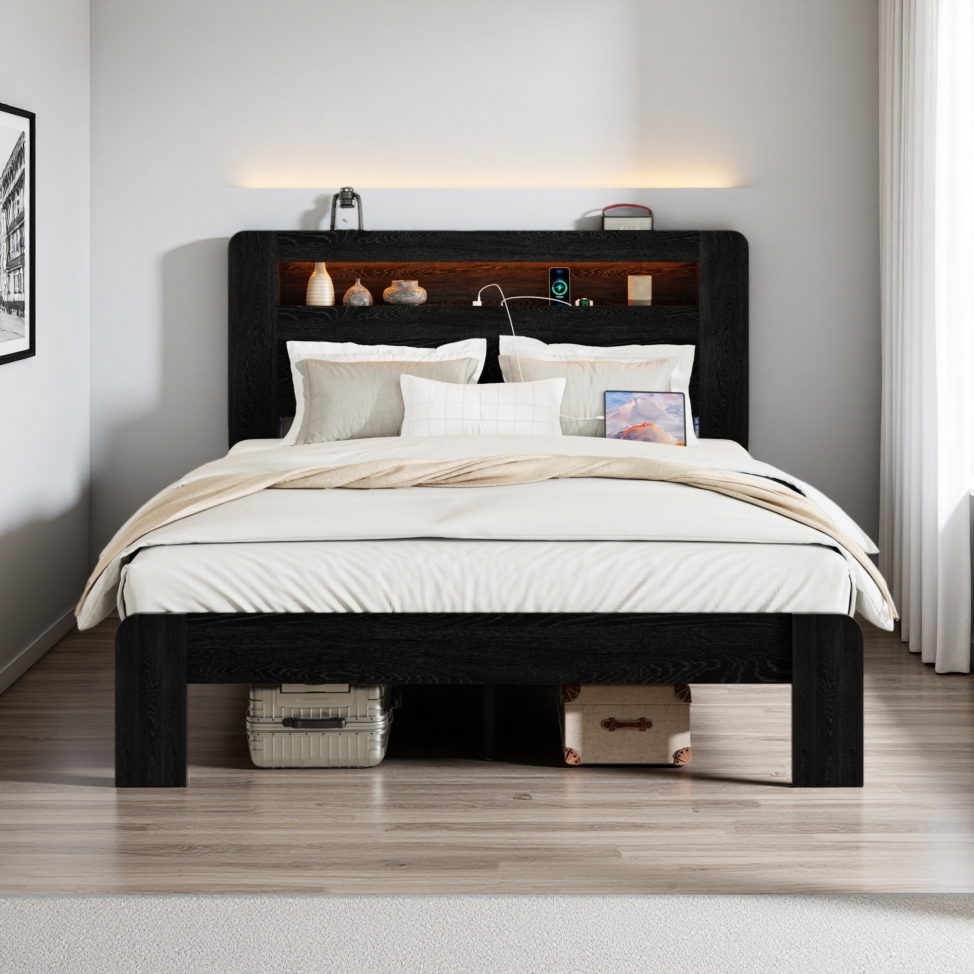 Queen Size Wood Platform Bed Frame with Storage LED Light Headboard and 2 USB Ports - Noise Free, Large Under Bed Storage