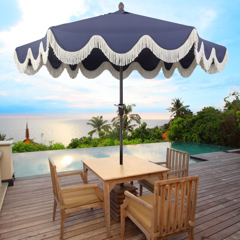 9ft Tassel Patio Umbrella Auto-Tilt, Crank , by JONATHAN Y