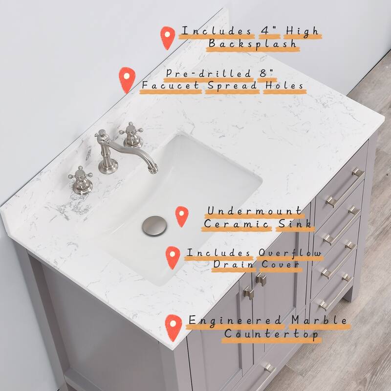 Prismosaic 36 in. Lunar Gray Vanity with Countertop & Splash, Left Sink