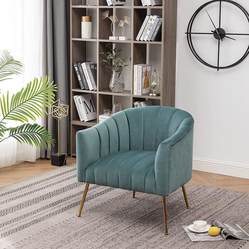 SEYNAR Modern Glam Velvet Accent Vanity Chair with Golden Metal Legs for Living Room - Blue