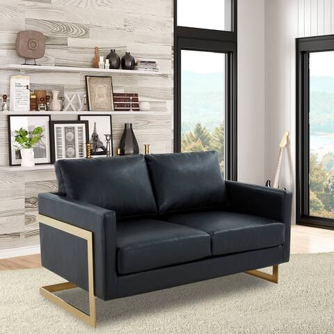 LeisureMod Lincoln Modern Upholstered Leather Loveseat with Gold Frame - 55"