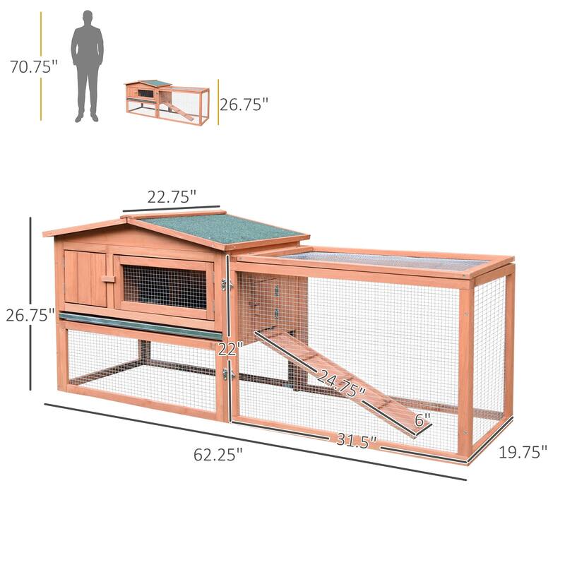 Outdoor Natural Wooden Bunny Hutch with Run Small Animal Cage for Guinea Pigs - 62.25" L x 22.75" W x 26.75" H