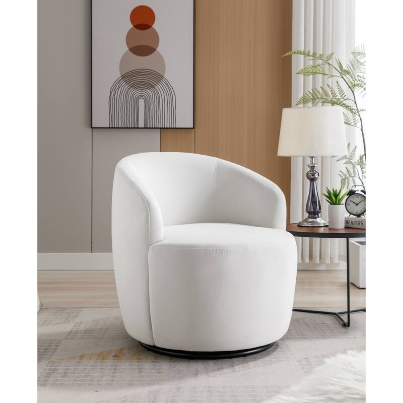 Modern Barrel Swivel Accent Chair with Metal Base, Round Velvet Upholstered Reading Chair w/ Curved Back for Living Room Bedroom