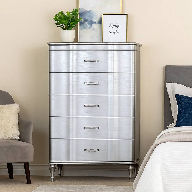 Eleena Tall Dresser Chest, 5 Drawers, Silver Solid Wood, Chrome Metal