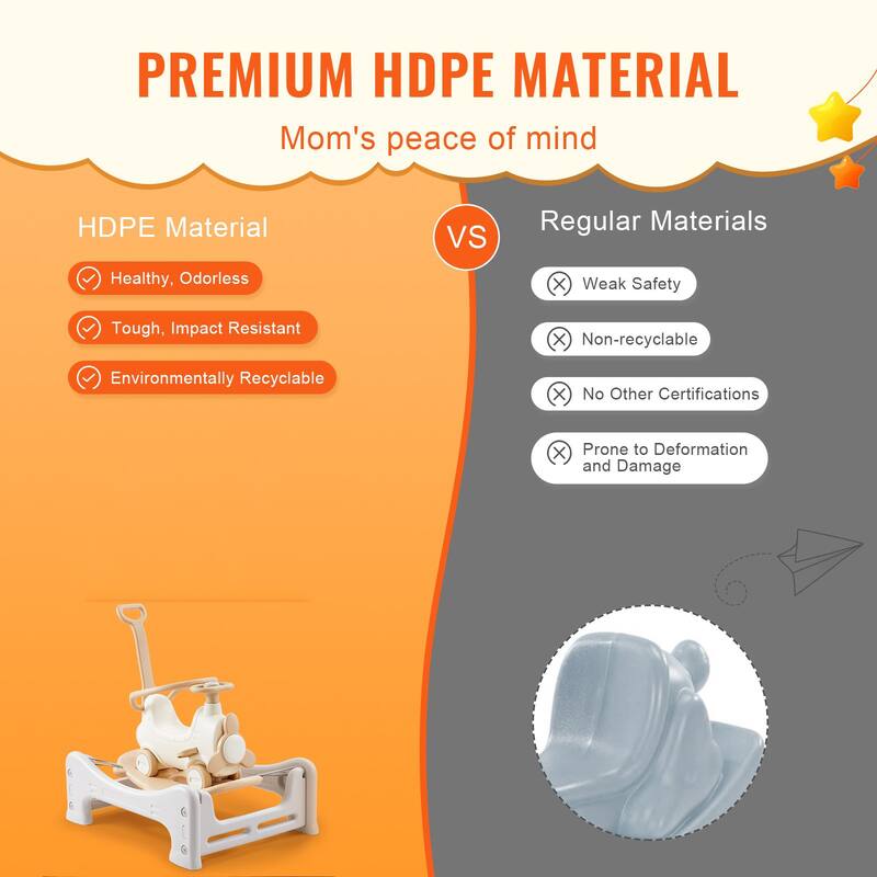 Beige HDPE 5 in 1 Rocking Horse Ride On Toy with Trampoline for Kids - 35.82” L x 27.16” W x 35.82” H