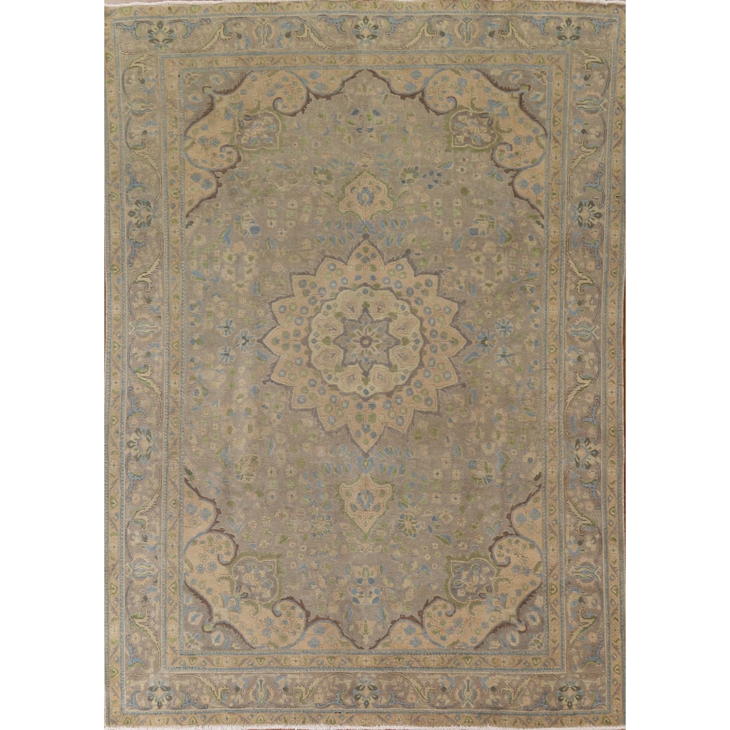 Hand Knotted Oriental 100% Wool Carpet Traditional Medallion Greys & Charcoal Tabriz Area Rug - 10' 11'' X 8' 5''