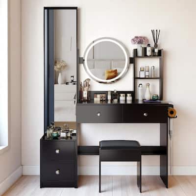 LED Makeup Vanity Desk with Power Station, Full-Length Mirror Cabinet, 3-Color Light, Charging Ports, Stool Set