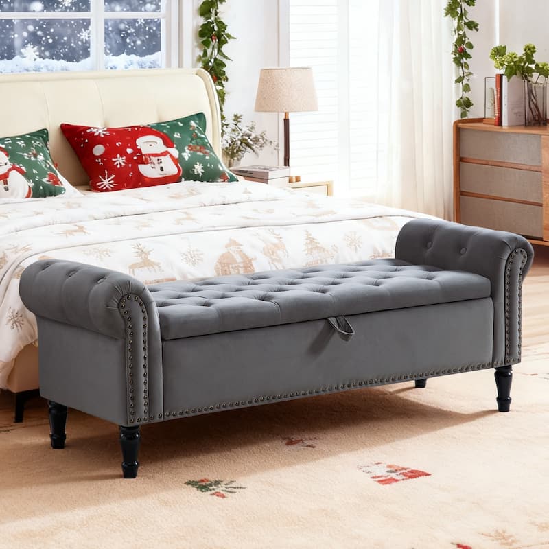 67" Velvet Tufted Storage Bench for Bedroom End of Bed with Roll Arms
