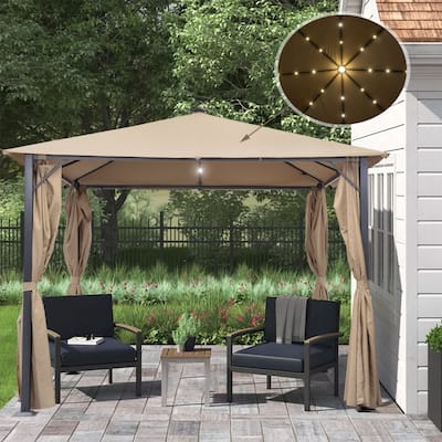 Zenova 10FT Outdoor Pop Up Gazebo Canopy With Curtain 32 Solar Led and center light