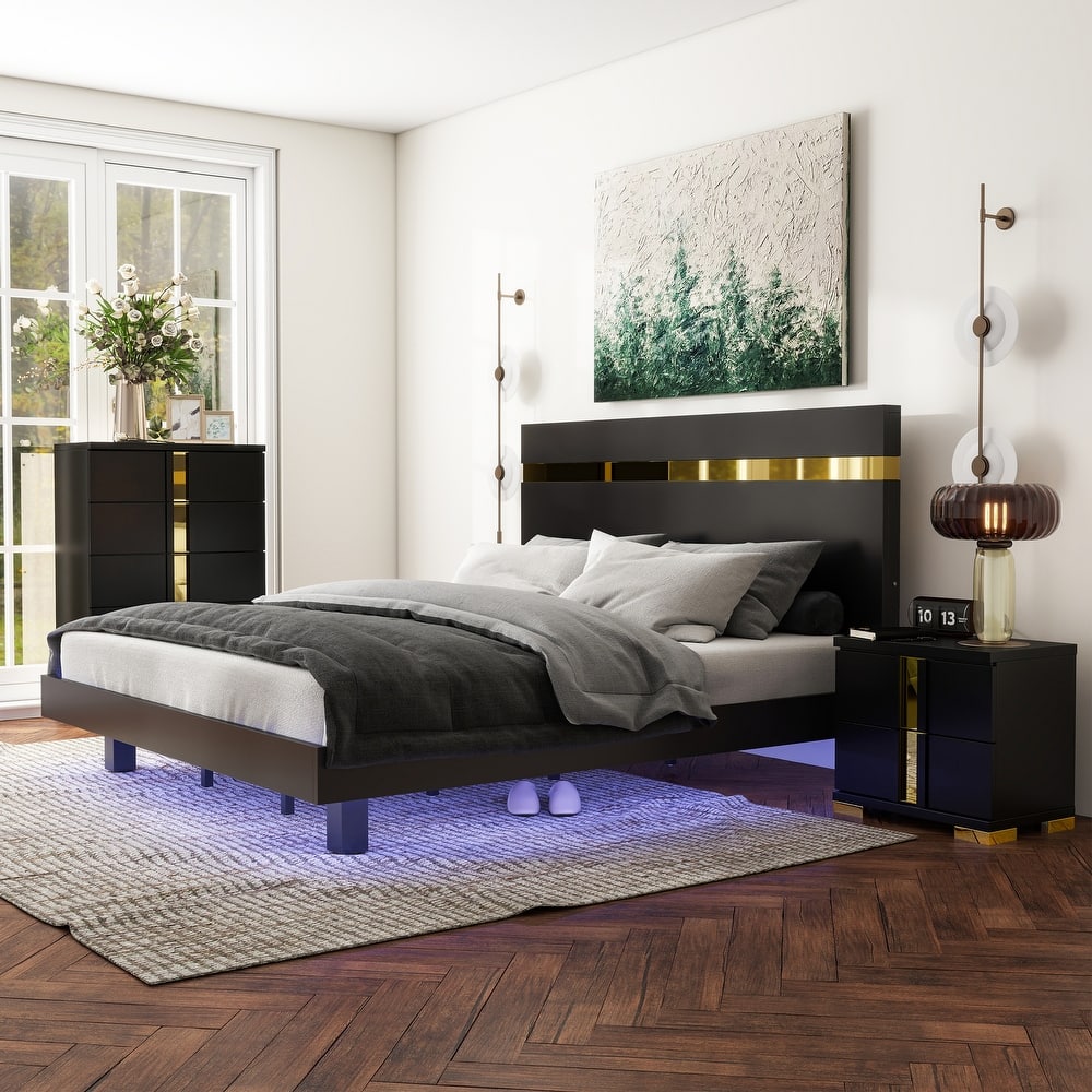 Furniture of America Halifax Modern 3-Piece Wood Black Platform Bedroom Set with Underbed LED