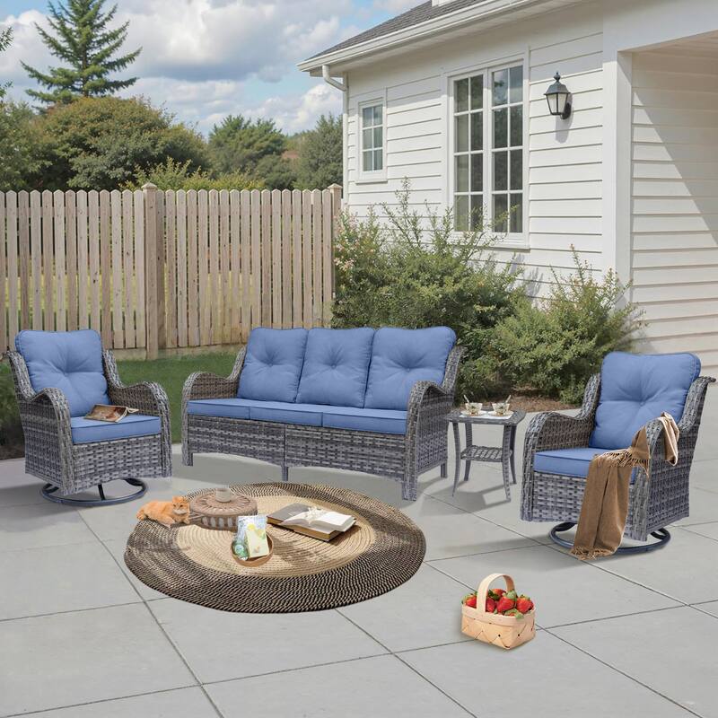 Gray Wicker Outdoor Patio Conversation Seating Sets with Swivel Chairs - 4 Pieces - Denim Blue