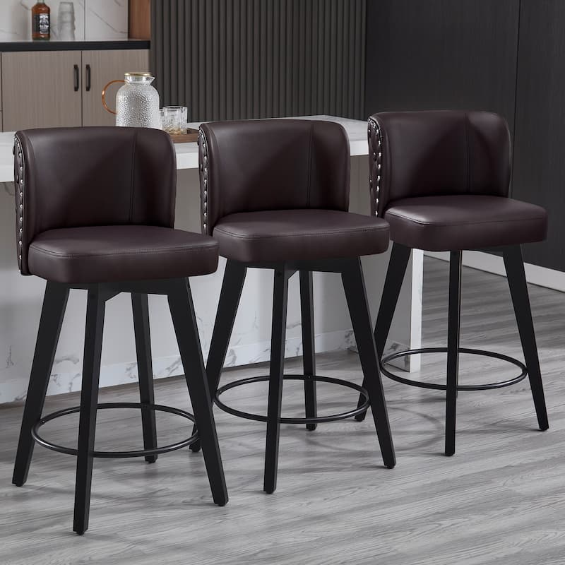 27.5" Faux Leather Upholstered Swivel Counter Height Bar Stool with Wooden Frame, Set of 1/2/3/4 - Brown - Set of 3