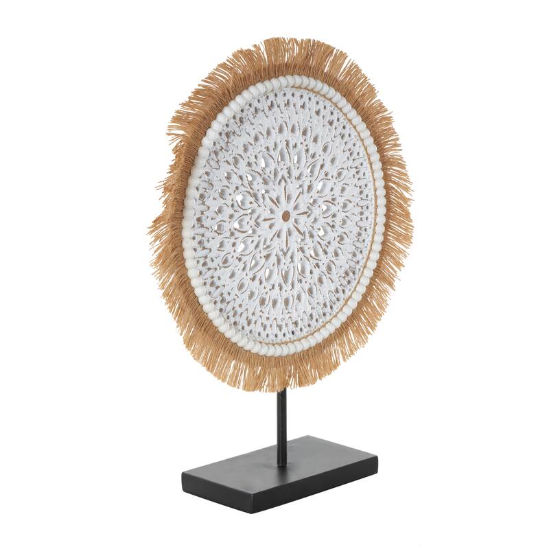 White or Gray Wooden Handmade Seagrass Fringed Sculpture with Black Base