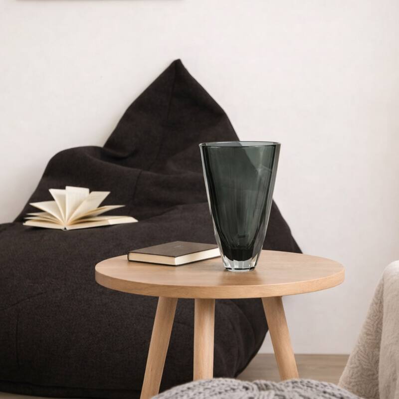 Large Fancy Cut Smoky Gray Glass Vase Modern Decorative Accent