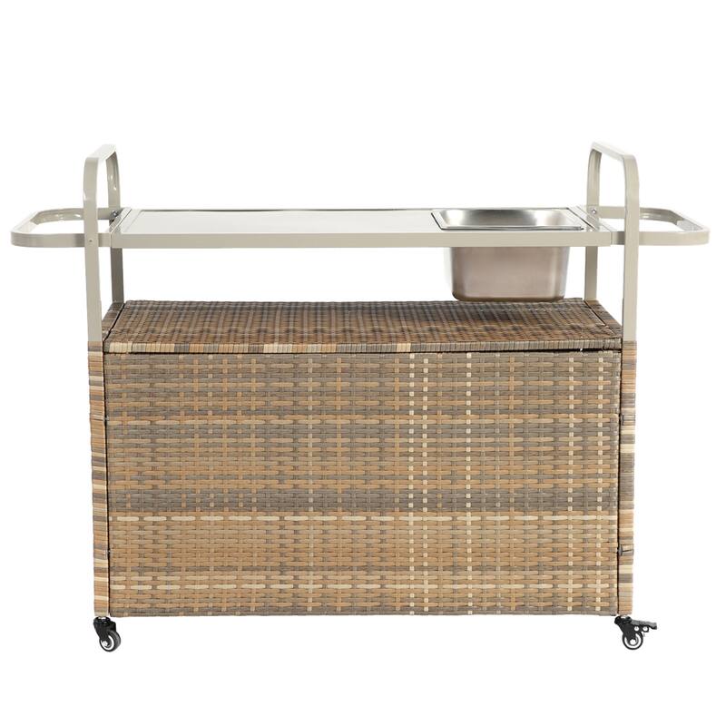 Outdoor Wicker Bar Cart with Steel Top, Ice Bucket,Lockable Wheels