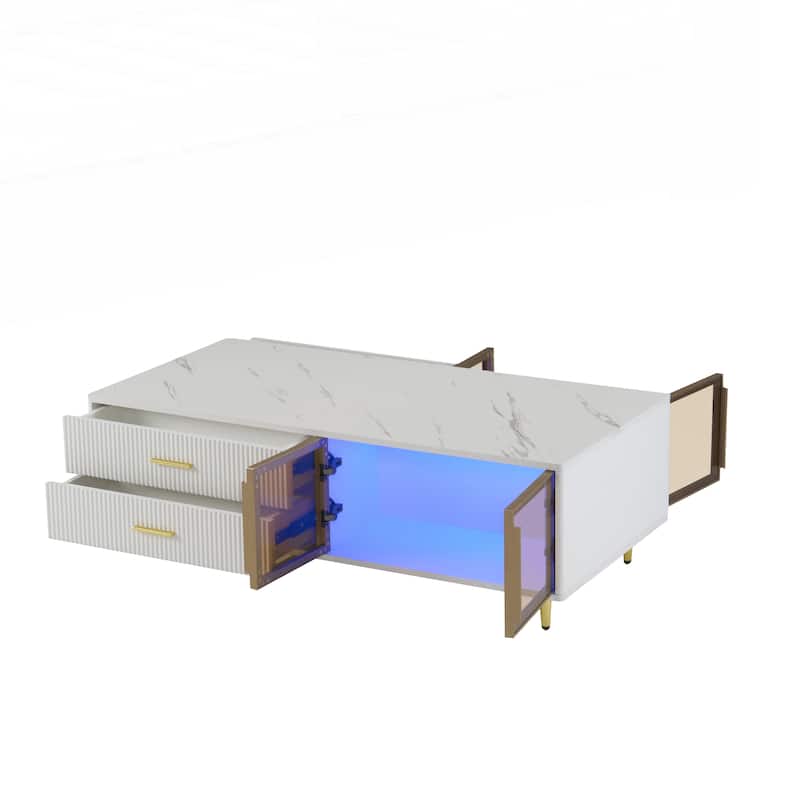 Modern White Coffee Table with 2 Glass Door Storage