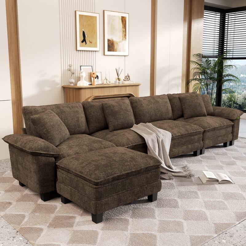 MAISON ARTS Modular Cloud Sectional Sofa, Comfy L- or U-Shaped Couch with Ottomans & Pillows, 4–6 Seat Living Room Sofa - Brown Chenille(5 Pieces) - Reversible