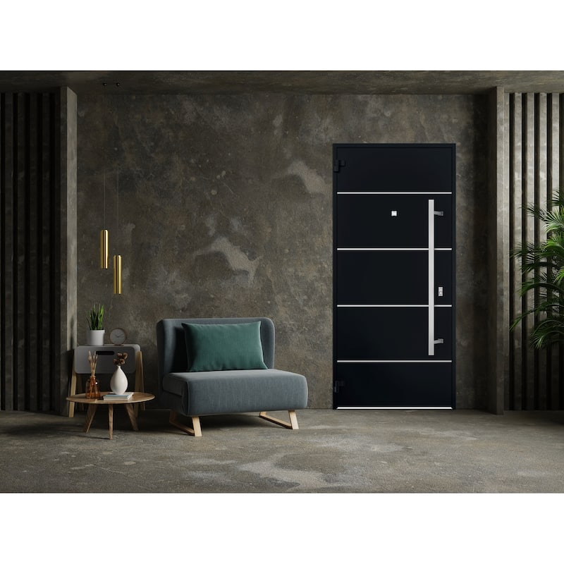 Front Prehung Steel Door 6083 Black Enamel Top Window Sidelite Stainless Inserts W36xH80+16 Lh I Bedroom Door Bathroom Door