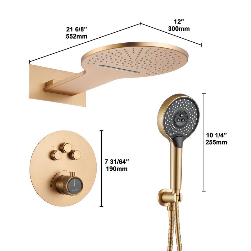 CASAINC 2-function Luxury Thermostatic Dual Shower Faucet Shower System with Waterfall Shower Head