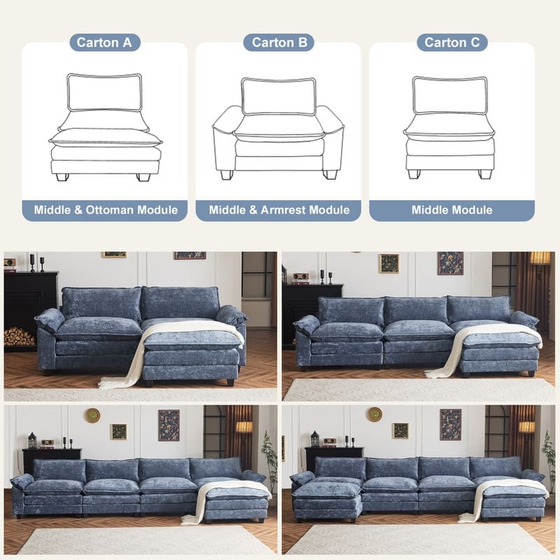 Full KD Double Cushion Chenille Sofa with Ottoman