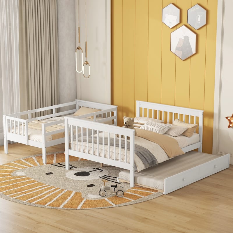 Twin-Over-Full Bunk Bed with Storage Stairway and Twin Trundle, Solid Pinewood Bunk Bed Frame, Divided Into 2 Individual Beds