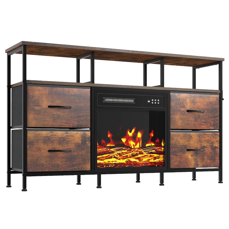BOSSIN Fireplace TV Stand & Entertainment Center with LED Lights, 4 PU Leather Drawers, Open Shelves, and Built-in Power Outlets - Brown