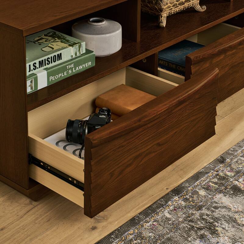 63" Mid-Century Modern TV Stand for TVs up to 75", Entertainment Center with 3 Solid Wood Drawers & Outlet Holes, Open Storage