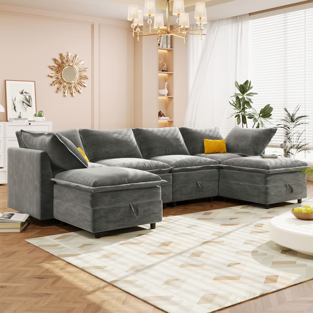 126" U-Shaped 6-Seat Modular Sofa with Ample Storage and Cushions