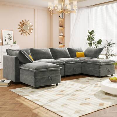 Grey 126" U-Shaped 6-Seat Modular Sofa with Ample Storage, Double Cushions, and Customizable Arrangement