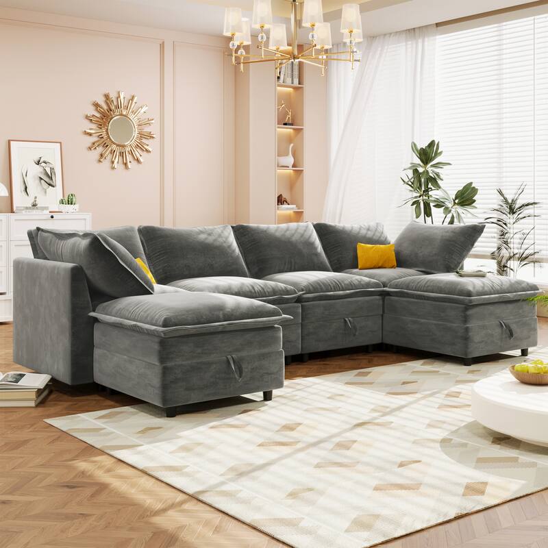 Modular Sectional Sofa Convertible U / L Shaped Couch Set with Storage Seat and Movable Ottomans ,126" Upholstered Couch - Grey