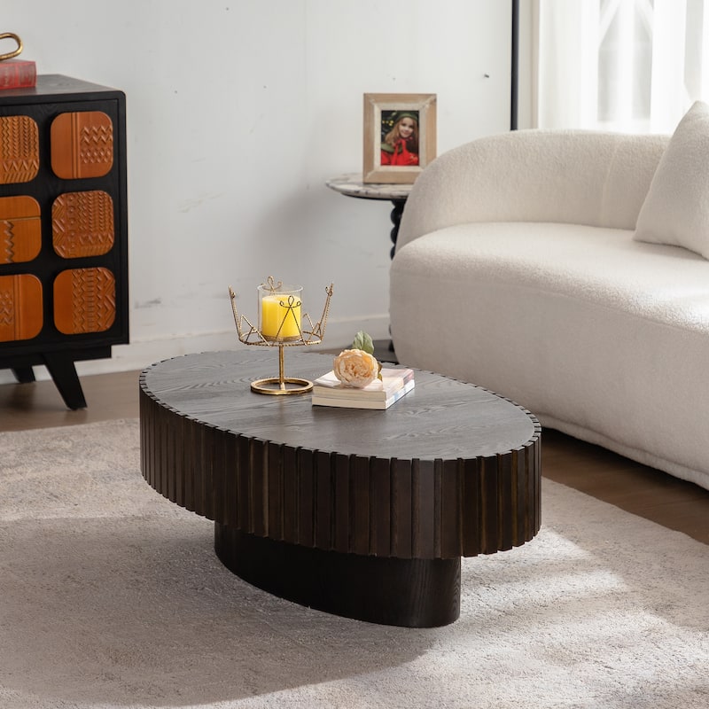 Oval Coffee Table Handcrafted Relief Sturdy Pedestal Wooden Olive-Shaped Tea Table