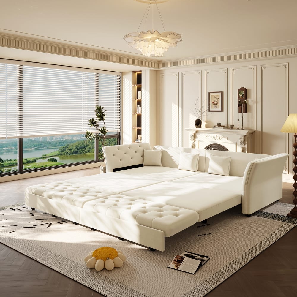 100" Oversize Pull Out Sofa Bed with Tufted Velvet Fabric - Convertible Sleeper Sofa for Living Room, Bedroom