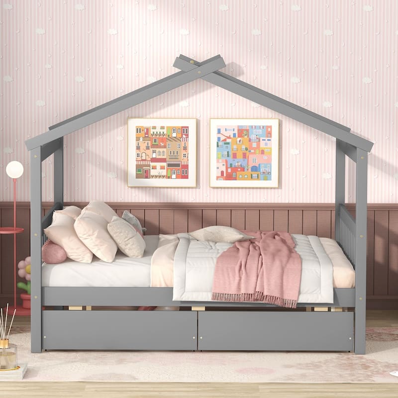 Kids' Twin/Full Wooden House Bed with Drawers, House-Shaped Frame, and Pine Wood Construction