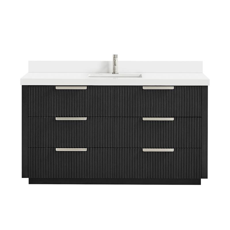 Santarem Single Vanity with Pure White Quartz Stone Top without Mirror - 60" - Oak Weathered Black
