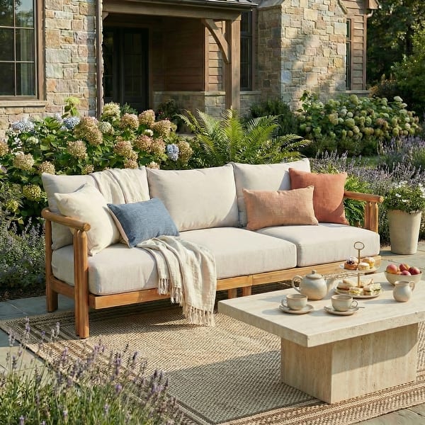 slide 2 of 19, Christopher Knight Home - Outdoor Acacia Wood 3-Seater Sofa with Cushions Natural+Beige