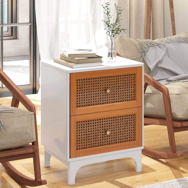 Costway 1/2 PCS Rattan Nightstand with Storage Wood End Sofa Side