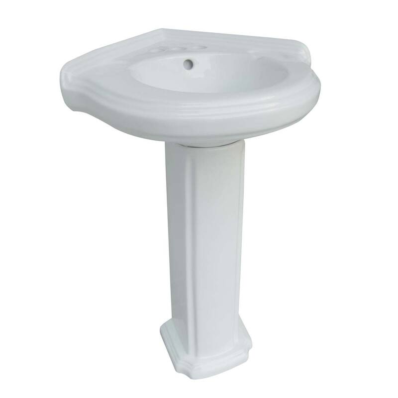 Portsmouth White Porcelain Corner Pedestal Sink with Black 4" Centerset Faucet, Drain and Overflow