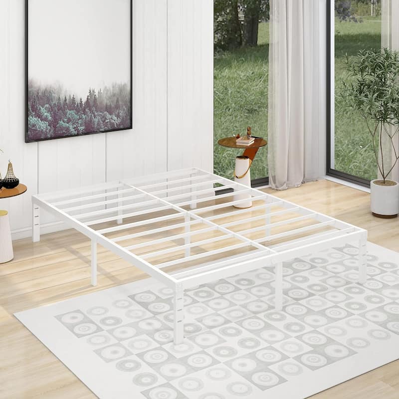 alazyhome 14 inch Metal Platform Bed Frame Steel Slat - White - Queen