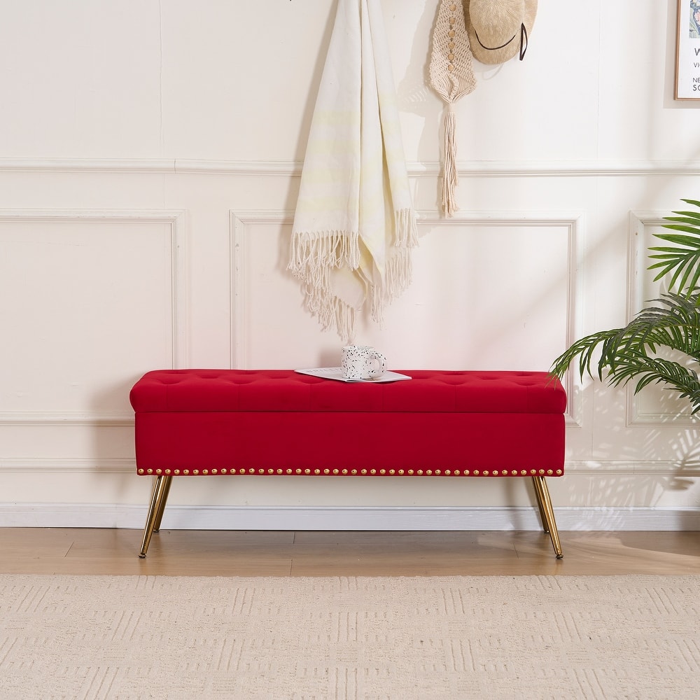Velvet Storage Ottoman Bench with gold legs and Nailhead Trim for Bedroom/End of Bed/Entryway/Window