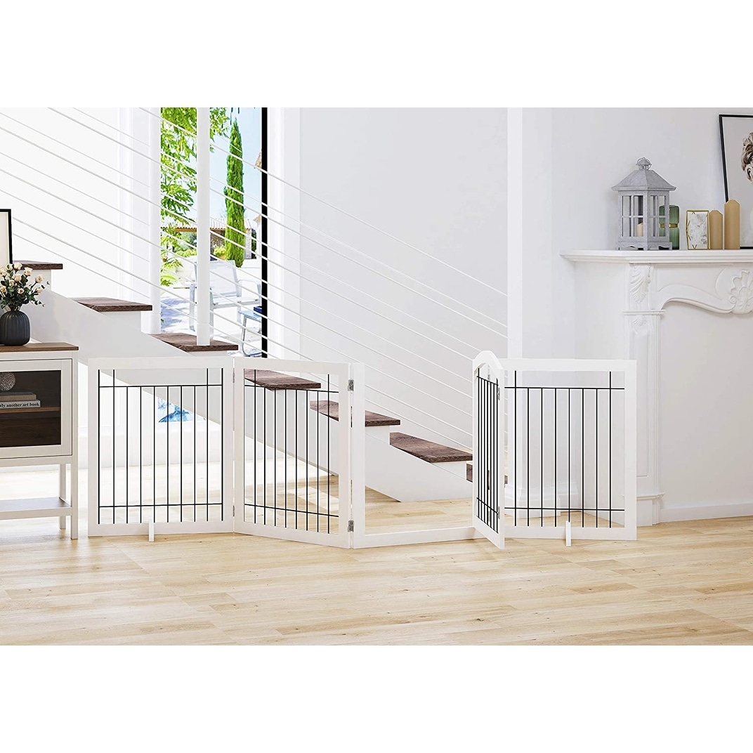Support Feet Included Stairs Freestanding Wire Pet Gate for The House Doorway Pet Puppy Safety Fence SPIRICH 96-inch Extra Wide 30-inches Tall Dog gate with Door Walk Through White