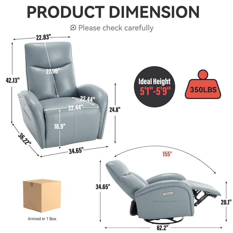 Genuine Leather Power Recliner Chair, 270° Swivel Rocker, USB, Type-C