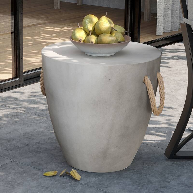 COSIEST Outdoor Lightweight Concrete Side Table w Hemp Rope Handles