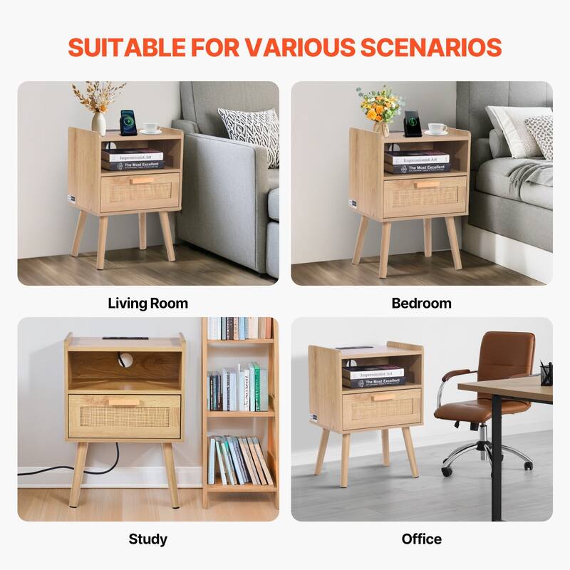 Natural Wooden Nightstand End Table with 1 Drawer and Open Shelf Suitable for Living Room or Bedroom