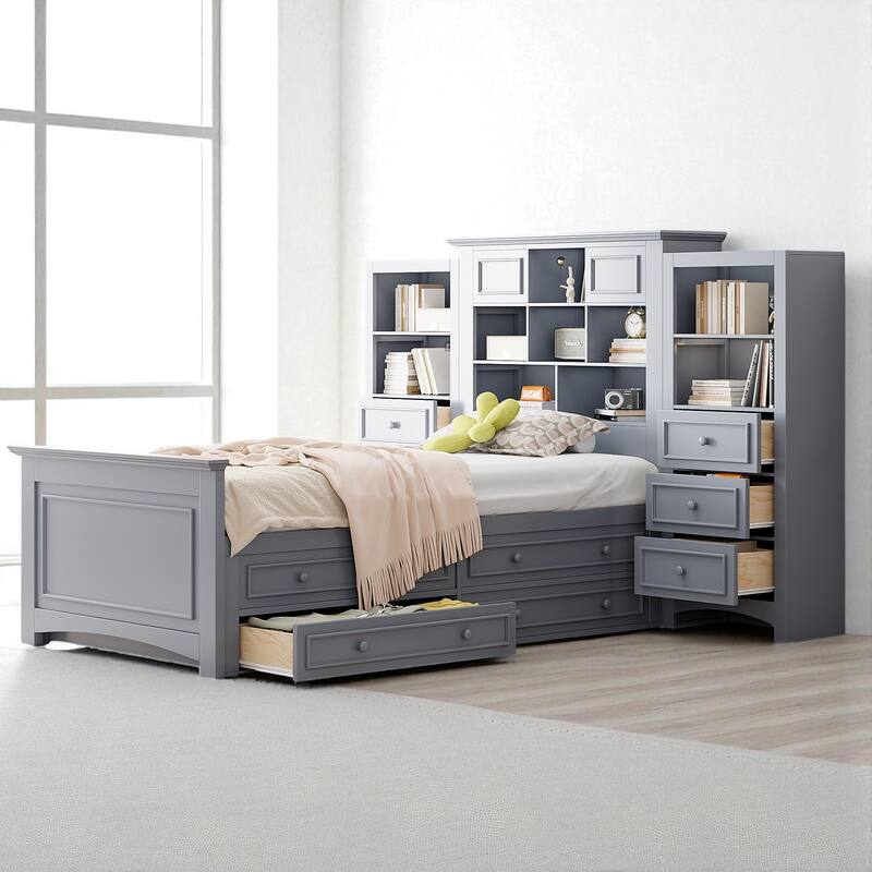 Twin Size Wood Platform Bed with 4 Drawers and All-in-One Cabinet, Storage Headboard Included