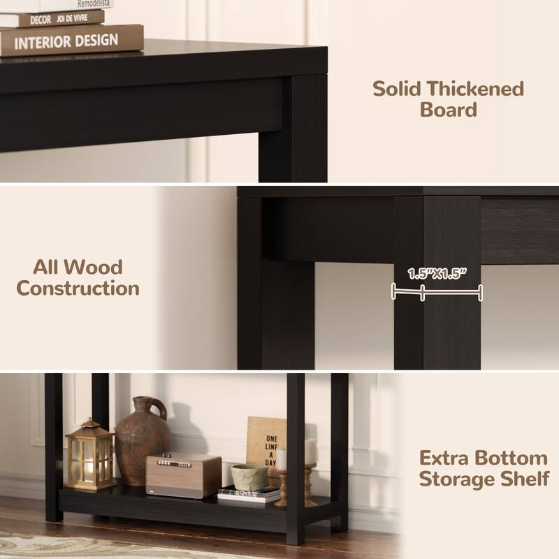 Farmhouse Black Thick Console Sofa Table, Wood Entryway Desk with Storage Shelf
