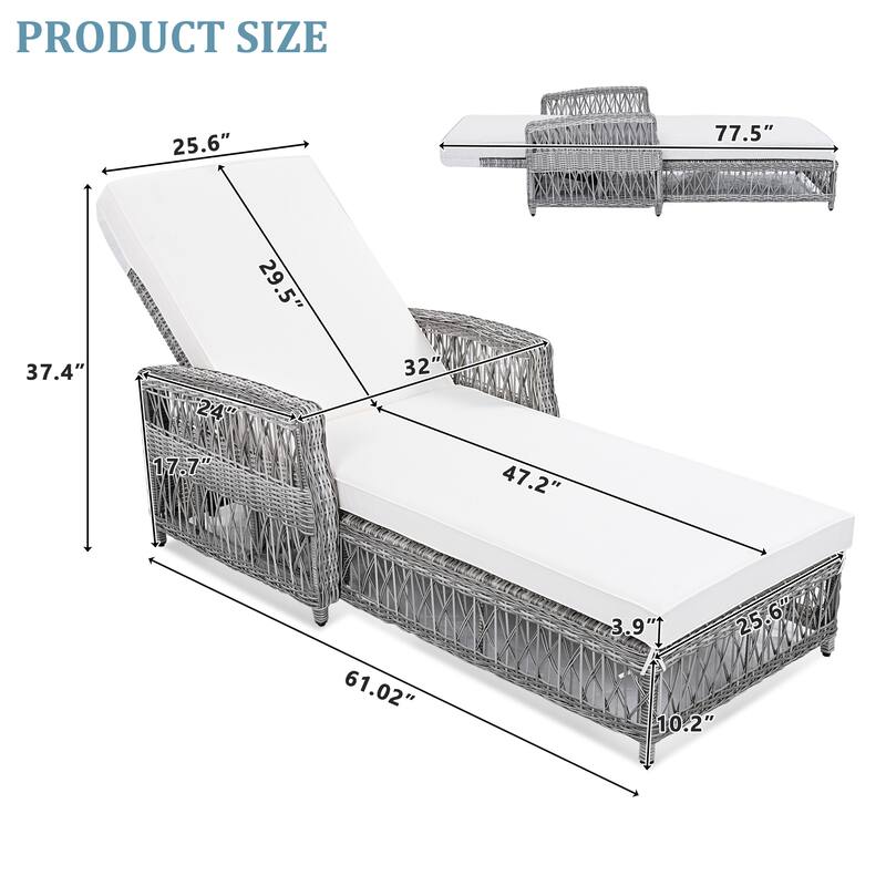 2-Piece Outdoor Adjustable Wicker Chaise Lounge Chairs with Cushions and Armrests for Patio Poolside