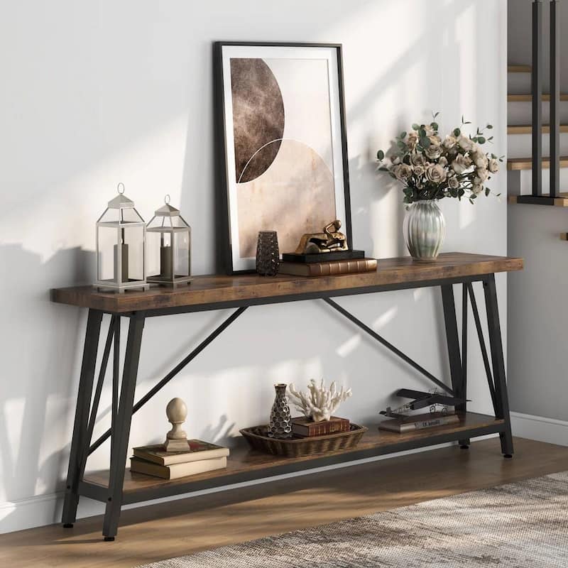 Heavy Duty 70-inch Industrial Brown Wood Top Sofa Table with White Metal Frame