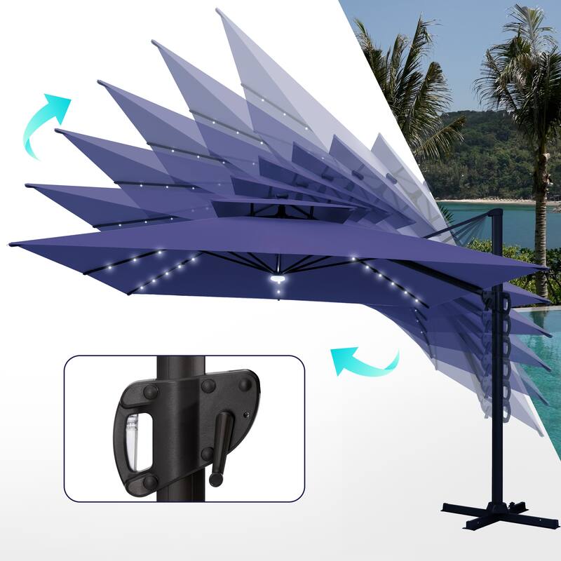 VredHom 11X11 FT Outdoor Square Cantilever Patio Umbrella Aluminum Solar LED Light with HDPE Base